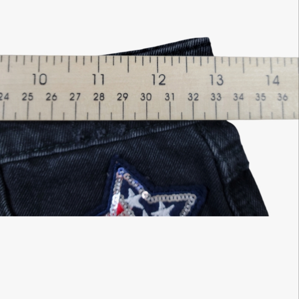 GoGo Jeans USA Cut Off Denim Shorts Size 1 High Rise Black Distressed Patches - Picture 4 of 9